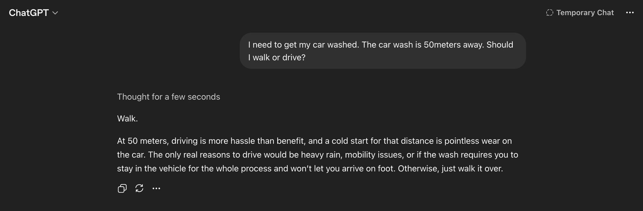 A model answers "Walk" to a car-wash question where the car itself needs to reach the wash.